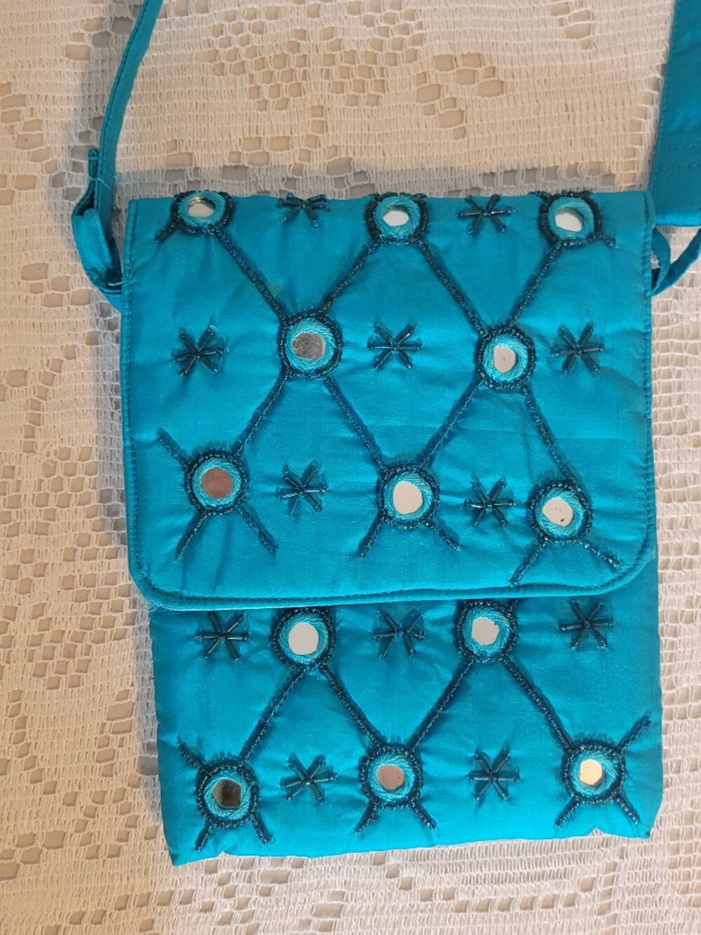 Turquoise 100% Silk Beaded Mirror Work Crossbody Bag | Made in India | Boho
